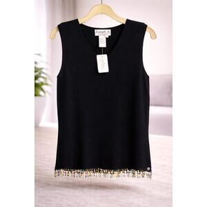 Joseph A NWT Silk Beaded Hem Sleeveless Top Black XL Designer Knit Tank